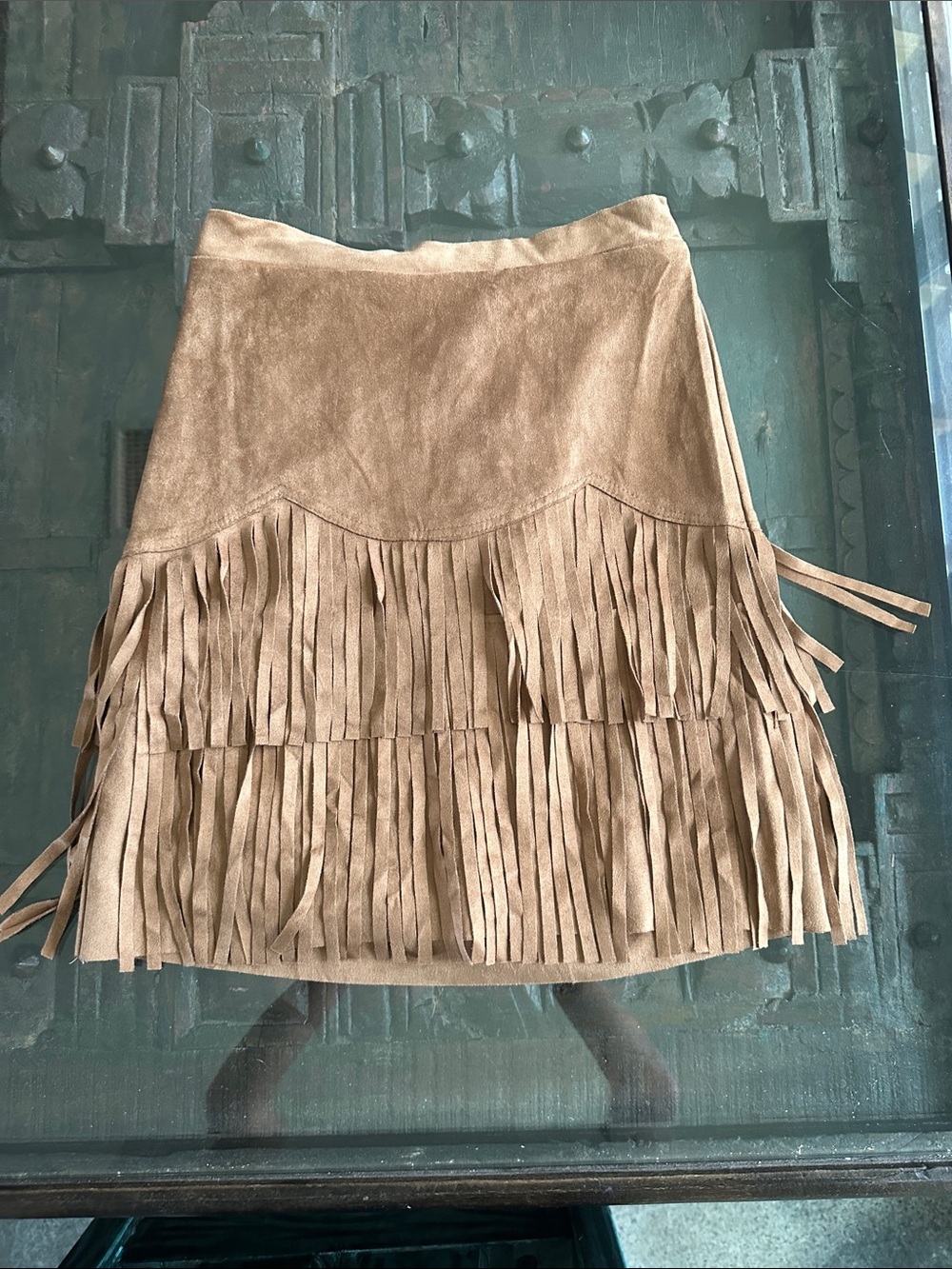 Layered faux suede Fringe Mini Skirt - Tan